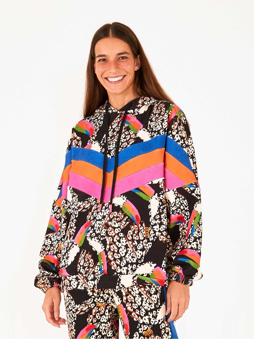 Farm Rio Leopard Toucans Rainbow Chevron Hoodie/Sweatshirt XL